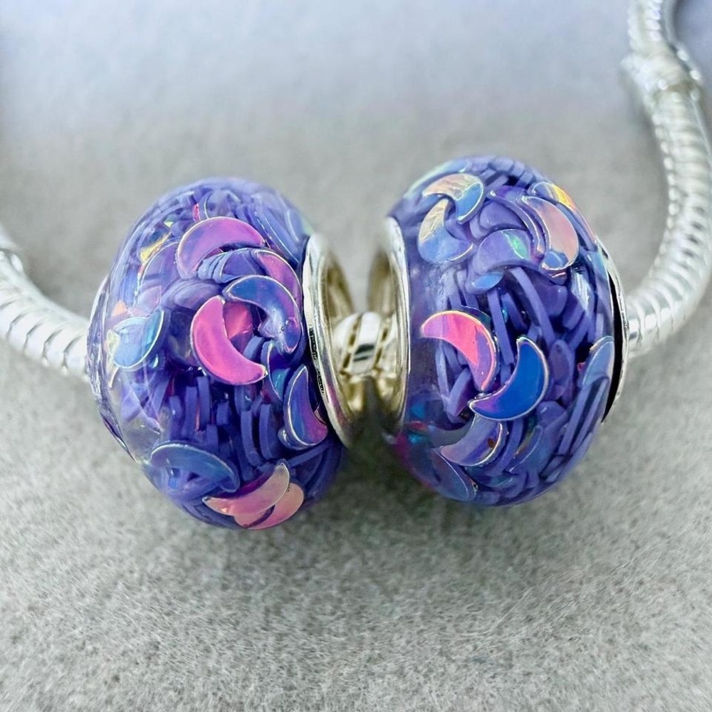 Purple Iridescent Crescent Moon Murano Glass Charms fits PANDORA Set of 2 - Picture 4 of 6